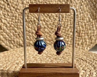 Vintage Lampwork Glass Bead Earrings Boho Artisan Blue Dangle Handmade Style