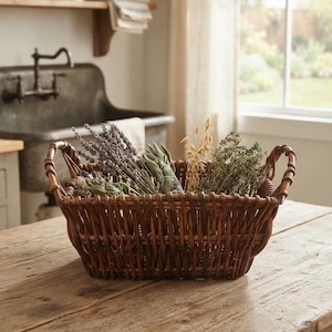 Vintage Handwoven Willow Basket Rustic Twig Gathering Basket Primitive Farmhouse Storage Decor