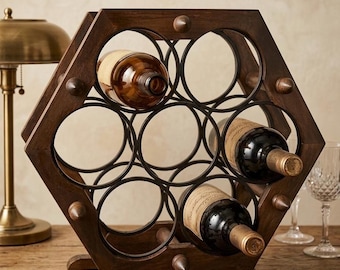 Vintage Wooden Wine Rack 7 Bottle Hexagon Holder 1980s  Rustic Kitchen Decor
