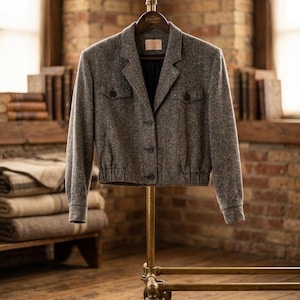 May include: A grey speckled wool-blend jacket featuring a notched lapel, three front buttons, and two chest pockets with button flaps. The jacket has long sleeves with cuffs and an elasticized hemline, providing a structured yet cropped fit.