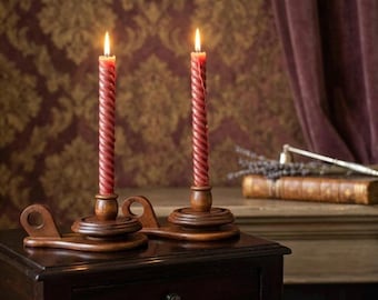 Vintage Wooden Chamberstick Candle Holders Pair Primitive Colonial Style Brass Insert