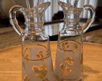 Vintage Anchor Hocking Oil Vinegar Cruet Set Frosted Glass Gold Floral Mid Century