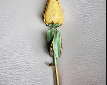 Signed Sandor Green Enamel Flower Brooch, Mid-Century Gold Tone Floral Pin
