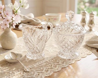 Vintage Cut Crystal Sugar & Creamer Set Pressed Glass Serving Set Elegant Table Decor