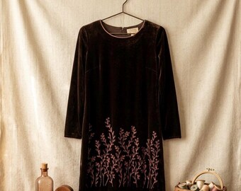 Vintage Black Velvet Dress 90s Embroidered Floral Nina Piccalino USA