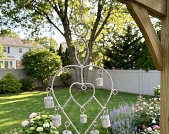Vintage Farmhouse Hanging Chime White Metal Rustic Cottagecore Wall Decor Shabby Chic Patina Bells