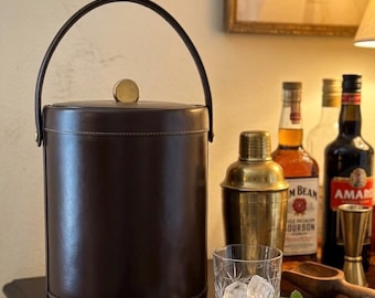 Vintage Georges Briard Ice Bucket Leather Barware Mid Century Bar Cart Decor Brown