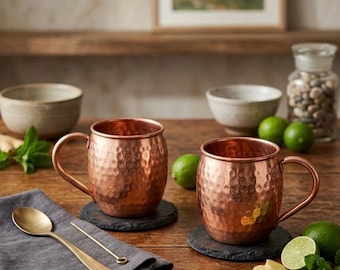 Vintage Hammered Copper Moscow Mule Mugs Set of 2 Rustic Barware Cups