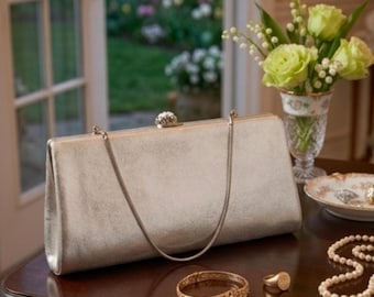 Vintage 1950s Silver Evening Clutch Rhinestone Clasp Chain Strap Wedding Bag