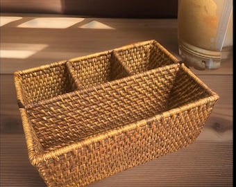 Vintage Wicker Organizer Basket Divided Rattan Storage Farmhouse