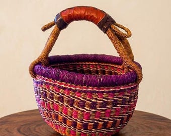 Handwoven Bolga Basket Ghana Awumbi Elephant Grass Leather Handle Colorful African Basket Boho Storage