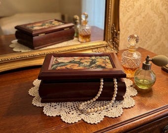 Vintage Wooden Jewelry Box Mirror Lid Removable Tray Ring Holder Velvet Lined Taiwan ROC