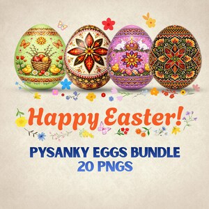 Paquete de diseños PNG de huevos de Pascua ucranianos Pysanky / 20 imágenes prediseñadas / Archivos de decoración instantánea para sublimación e impresión