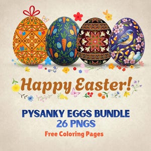 Pacote de Clipart de Ovos Pysanky: Desenhos de Arte Popular para Ornamentos de Páscoa (26 PNGs)