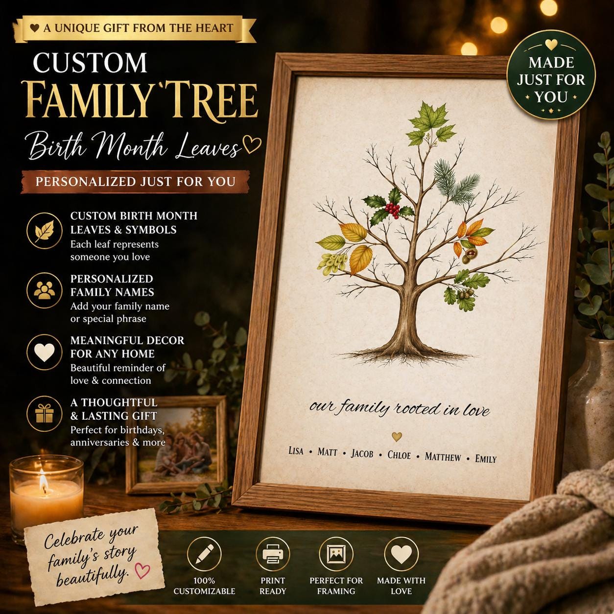 Custom Family Tree Birth Month Leaves Print – Personalized Botanical ...