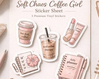 Arkusz naklejek Soft Girl Coffee – Naklejki Iced Coffee Therapy – Naklejki winylowe na planery i laptopy