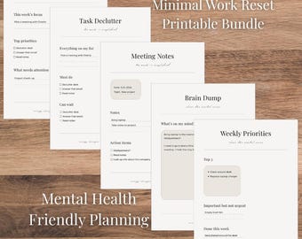 Zestaw do druku „Minimalny reset pracy” – cotygodniowy reset, notatki ze spotkań, strona do zrzutu myśli – Planer biurowy