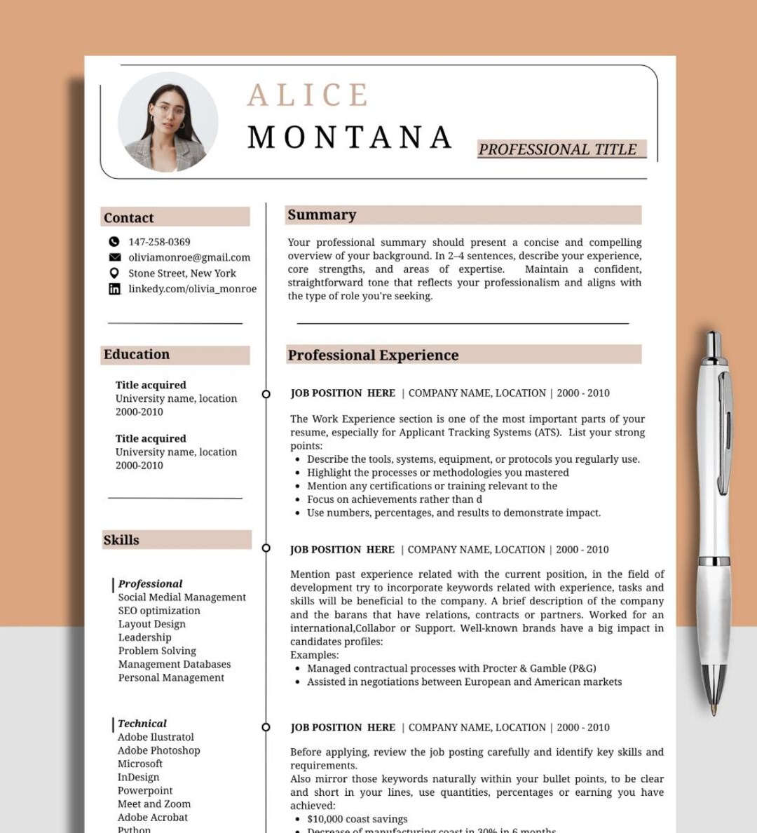 Corporate Resume Template Word & Canva, ATS Friendly Professional CV ...