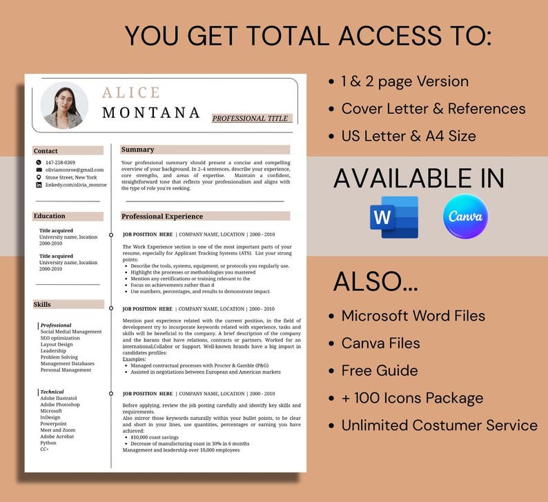 Corporate Resume Template Word & Canva, ATS Friendly Professional CV ...