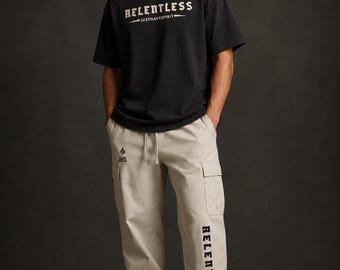 RELENTLESS Cargo Pants • Drawstring Waist Utility Joggers • Flame Logo Streetwear