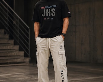 RELENTLESS Cargo Pants • Drawstring Waist Utility Joggers • Flame Logo Streetwear