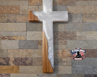 Handmade Epoxy Wood Cross – Rustic Religious Wall Decor (12" x 6")
