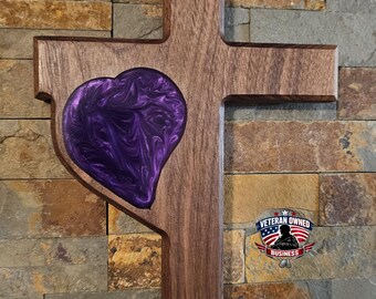 Handmade Walnut Heart Cross with Purple Epoxy Heart