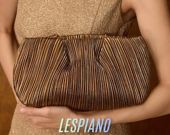 Bronze Pleated Evening Clutch, Metallic Formal Handbag, Elegant Party Purse