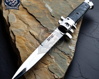 9" Italian Black Pearl Stiletto Spring Assisted Open Pocket Knife For Camping, Hunting gift for Men, Father, Boyfriend IronFangKnife