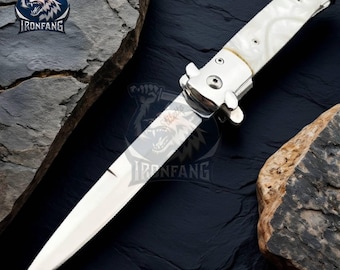 9" Italian Stiletto Pearl White Handle Spring Assisted Open Pocket Knife For Camping, Hunting gift for Men, Father, Boyfriend IronFangKnife