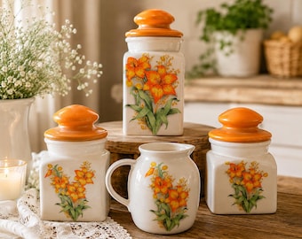 Retro Orange Lily Ceramic Canister Set with Creamer Pitcher, 1970s Floral Kitchen Decor