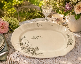 Antique John Edwards England Porcelaine de Terre Oval Serving Platter , Gray Floral Ironstone Transferware, 14.5” x 10” English Serving Dish