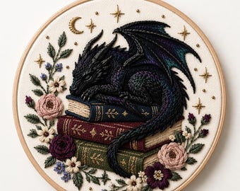 Midnight Library Dragon Embroidery Pattern PDF