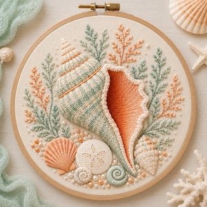 Op de afbeelding: Een ronde borduurring met een stoffen paneel met een handgestikt ontwerp van een grote schelp, een zanddollar en kleinere schelpen. Het borduurwerk bevat saliegroene en perzikkleurige draden, geaccentueerd met kleine witte en perzikkleurige kralen.