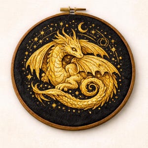 May include: A golden dragon embroidery art piece in a round wooden hoop. The dragon is detailed with scales and wings, set against a black background with gold stars and a crescent moon. The embroidery is a detailed, handmade craft.