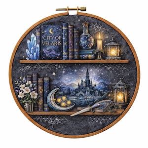 May include: A round, framed embroidery hoop featuring a fantasy scene. The artwork depicts a bookshelf with books, a crystal, a potion bottle, and a candle. The lower shelf shows a castle, a crescent moon, and a dagger. The text "CITY OF VELARIS" is visible.