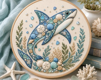 May include: An embroidery hoop featuring a shark design created with blue thread, various seashells, and small beads on a cream fabric background. The shark is surrounded by embroidered seaweed and scattered beads, with shells at the bottom.