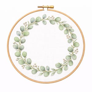 Eucalyptus Wreath Embroidery Pattern – Botanical Greenery Hoop Design