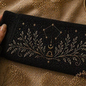 May include: Black rectangular case with gold celestial embroidery, including stars, a crescent moon, and the Libra symbol. The case is held by a person. The background is a neutral beige.