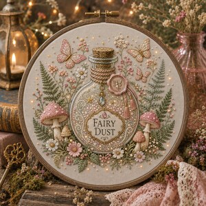May include: A circular embroidery hoop featuring a central glass bottle labeled Fairy Dust, surrounded by stitched pink mushrooms, green ferns, small white flowers, and butterflies. The design includes a wax seal with a fairy motif.
