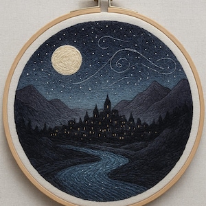 May include: Hand-stitched embroidery art in a wooden hoop. The artwork depicts a nighttime landscape with a full moon, starry sky, mountains, a river, and a town with lit windows. The colour palette includes shades of blue, black, and cream.
