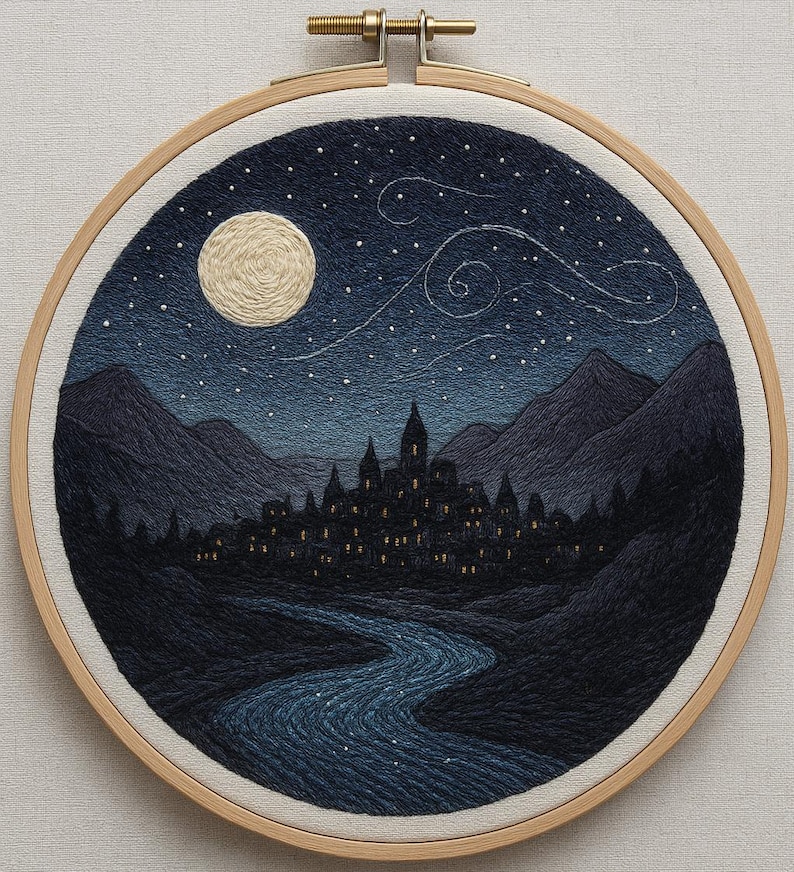 May include: Hand-stitched embroidery art in a wooden hoop. The artwork depicts a nighttime landscape with a full moon, starry sky, mountains, a river, and a town with lit windows. The colour palette includes shades of blue, black, and cream.