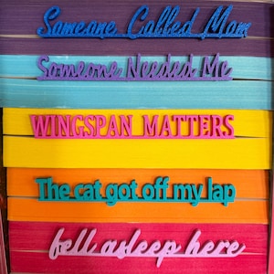 以下が含まれることがあります： 「Someone Called Mom」、「Someone Needed Me」、「Wingspan Matters」、「The cat got off my lap」、「fell asleep here」と書かれた、さまざまな色の木製サイン。