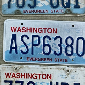 May include: A blue and white Washington state license plate with the text "WASHINGTON ASP6380 EVERGREEN STATE" and a mountain range graphic. The plate has a white background with blue text and a blue mountain range graphic. The plate has a white border.