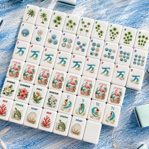 Amerikaanse mahjongset met oceaanthema 160 tegels | Acryl UV-geprint kustmahjongspel voor familiespelavond