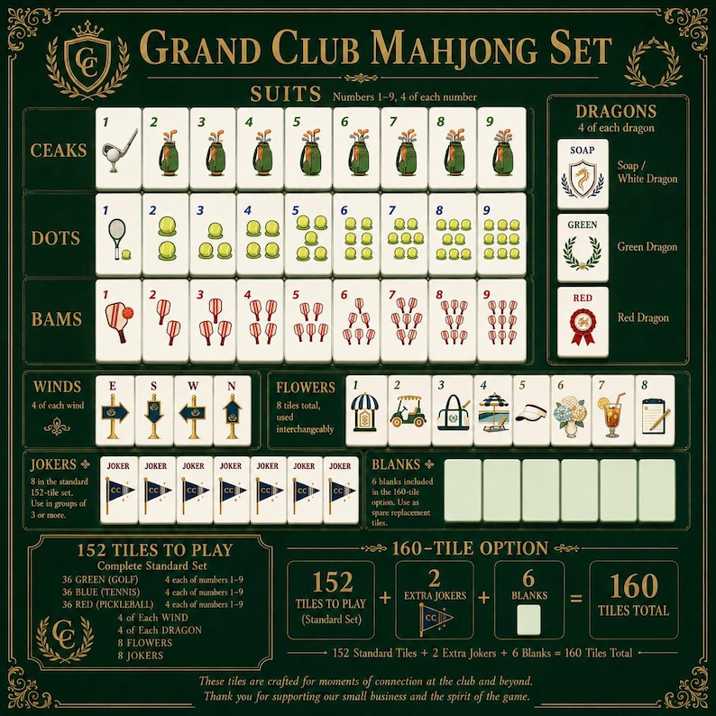 Grand Club American Mahjong Set 160 Tiles, Golf Tennis Pickleball Theme, Acrylic UV Printed with Jokers & Blanks image 3