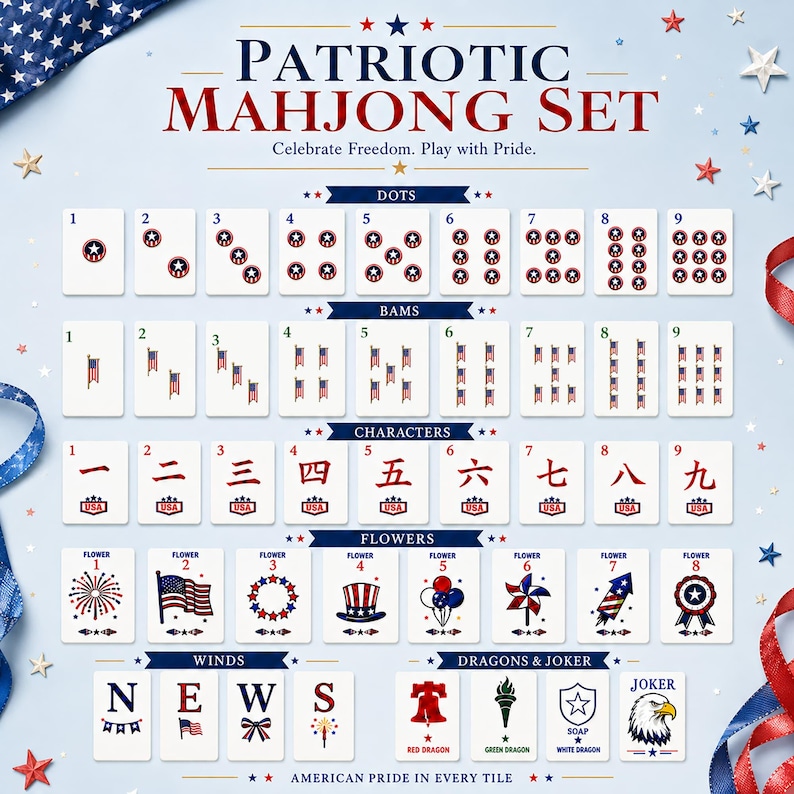 May include: A Patriotic Mahjong Set featuring white tiles with red, white, and blue graphics. The set includes Dots, Bams, Characters, Flowers, Winds, Dragons, and Joker tiles. Text includes Patriotic Mahjong Set, Celebrate Freedom. Play with Pride.