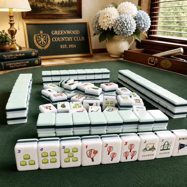 May include: A set of mahjong tiles featuring golf-themed illustrations, including golf balls, clubs, carts, and flags. The tiles are white with light green and dark green accents, arranged in rows and stacks on a dark green felt surface.