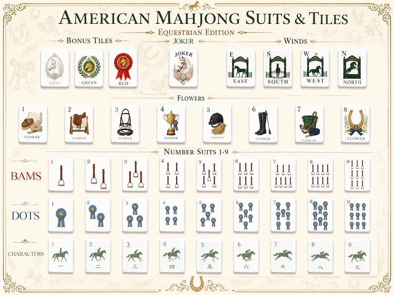May include: A reference chart titled American Mahjong Suits & Tiles Equestrian Edition. It displays rows of game tiles categorized as Bonus, Joker, Winds, Flowers, and Number Suits 1-9, featuring illustrations of horses, saddles, and equestrian gear.