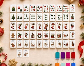 May include: A set of white rectangular mahjong tiles featuring Christmas-themed illustrations including ornaments, pine trees, stockings, gingerbread men, wreaths, and reindeer. The set includes numbered tiles, directional tiles, and eight colorful solid tiles.